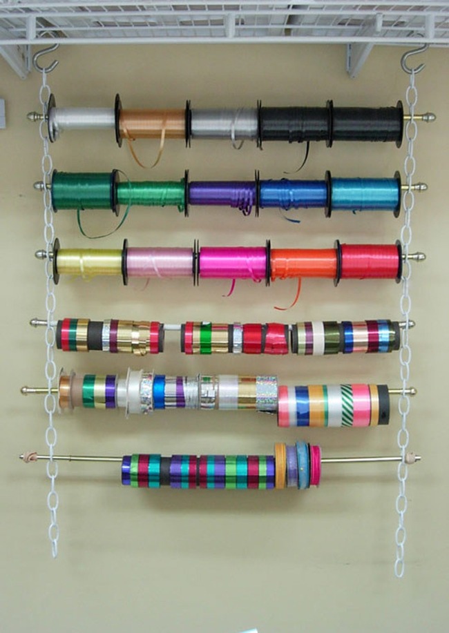 1. Organize wrapping paper with  chains and curtain rods