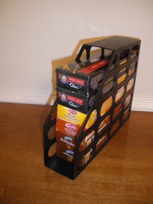 11. A magazine holder will stack your pasta boxes