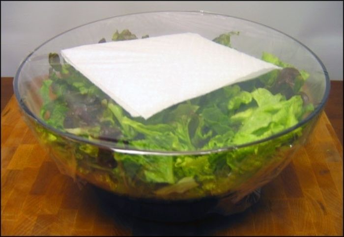 14. Paper towel keeps the salad fresh after slicing it up