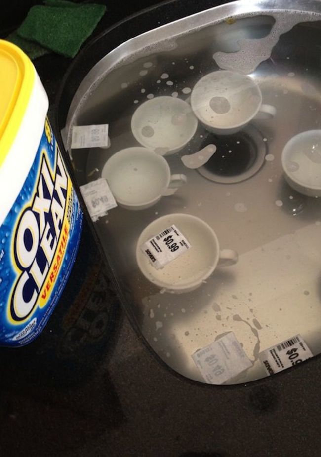16. Oxiclean removes the anoying stickers on the bottom