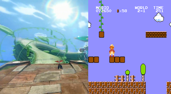 2. Mario Kart 8 Cloudtop Cruise has a beanstalk coming out of a Question block, just like in Super Mario Bros