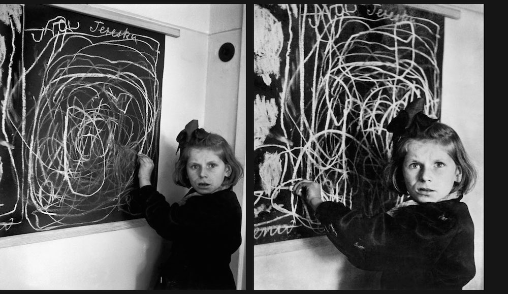 Teresa, a girl who grew up in a concentration camp, draws home, Poland, 1948