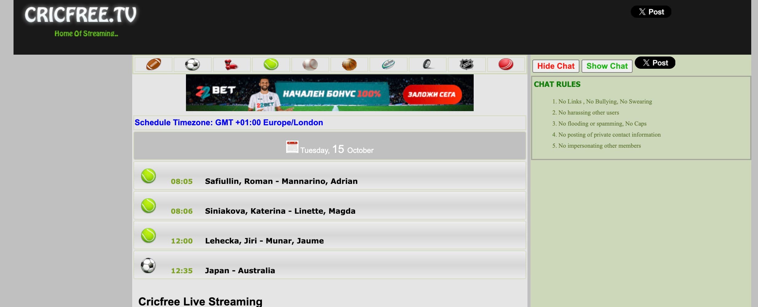 Cricfree - free sports streaming