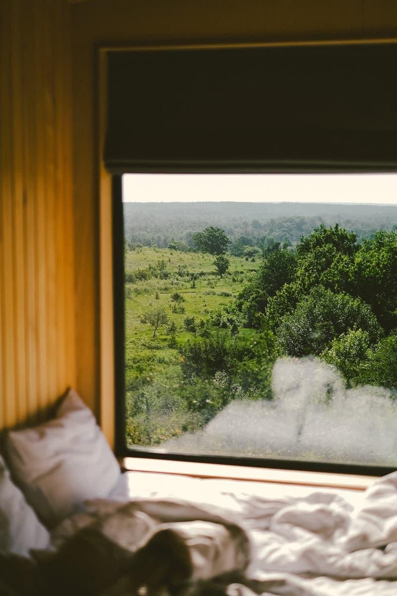 Cozy room with a view of green fields.