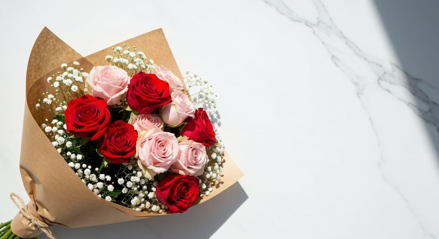 Hand-tied bouquet of red and pink roses with babys breath wrapped in kraft paper