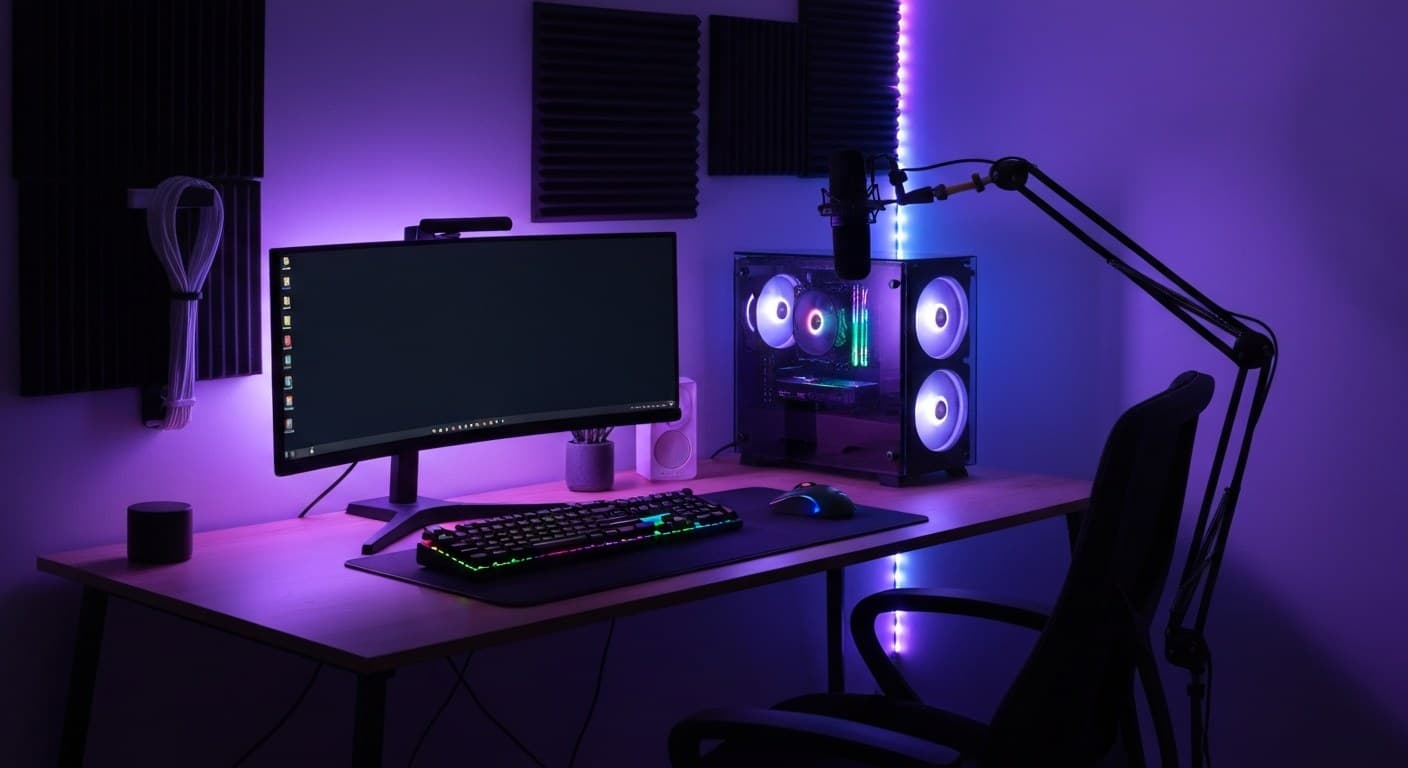 RGB-lit gaming and streaming desk setup with ultrawide monitor and acoustic panels in a modern apartment