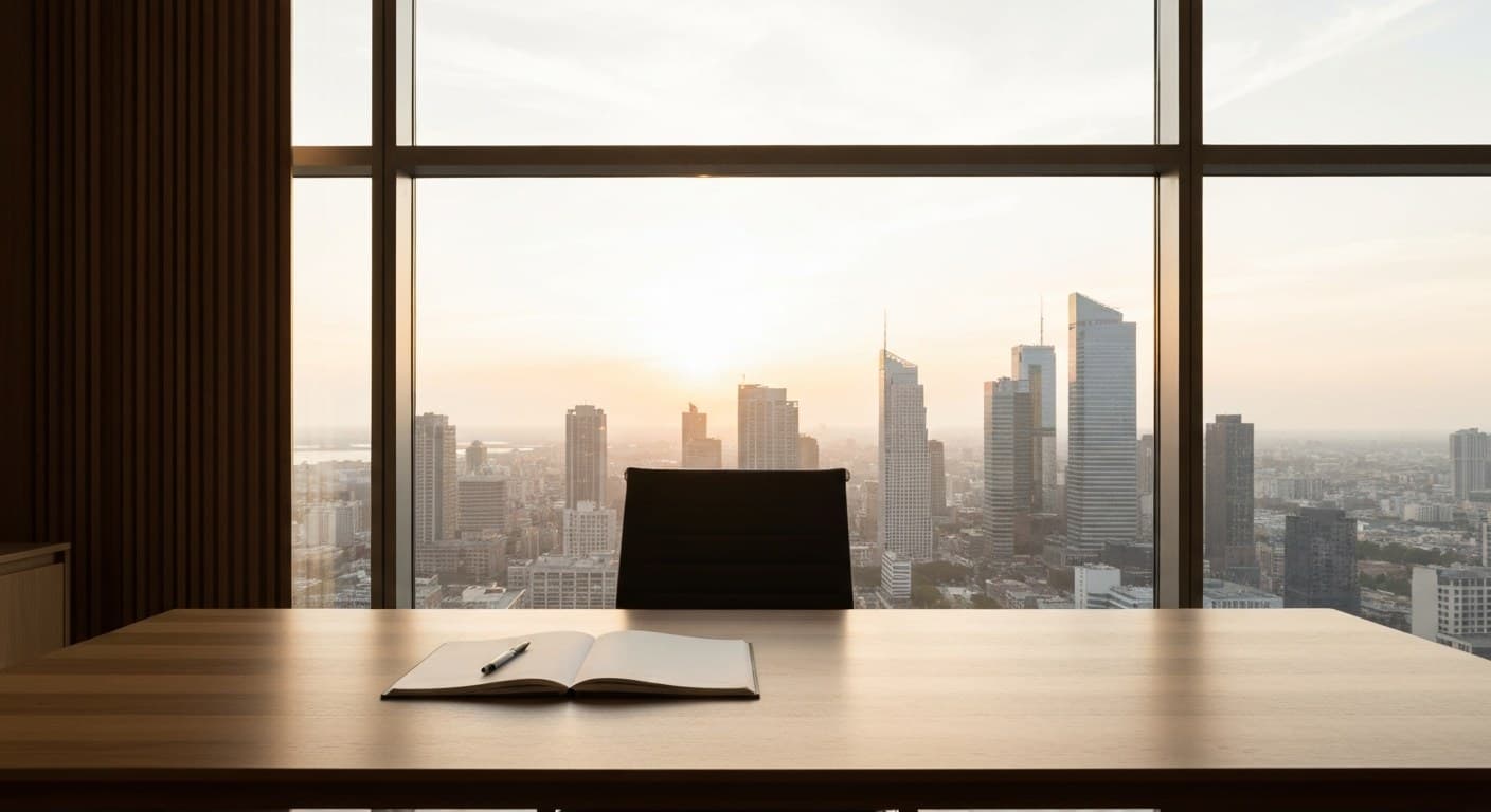 Modern executive office overlooking a city skyline at golden hour, suggesting venture investment