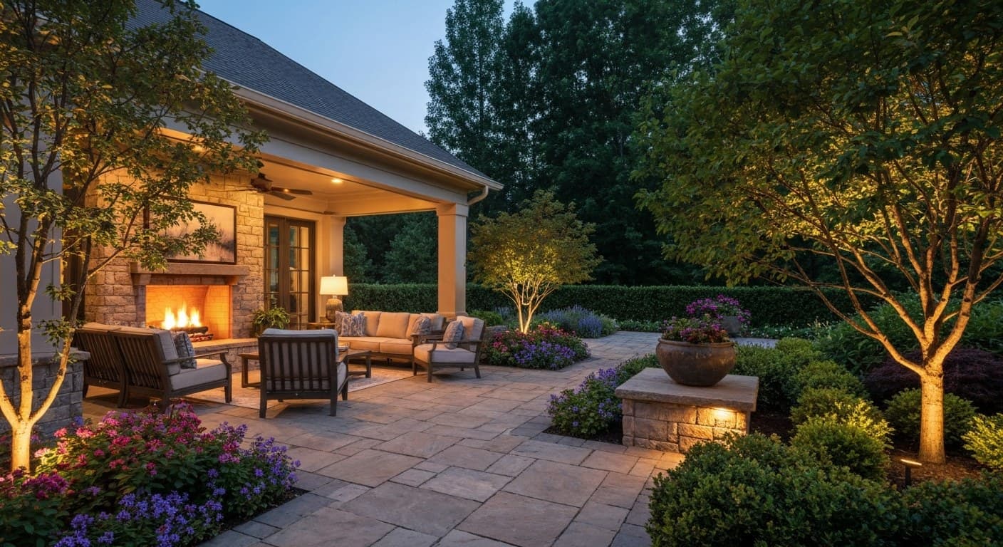 Luxurious covered backyard patio with stone pavers and a glowing fireplace at dusk
