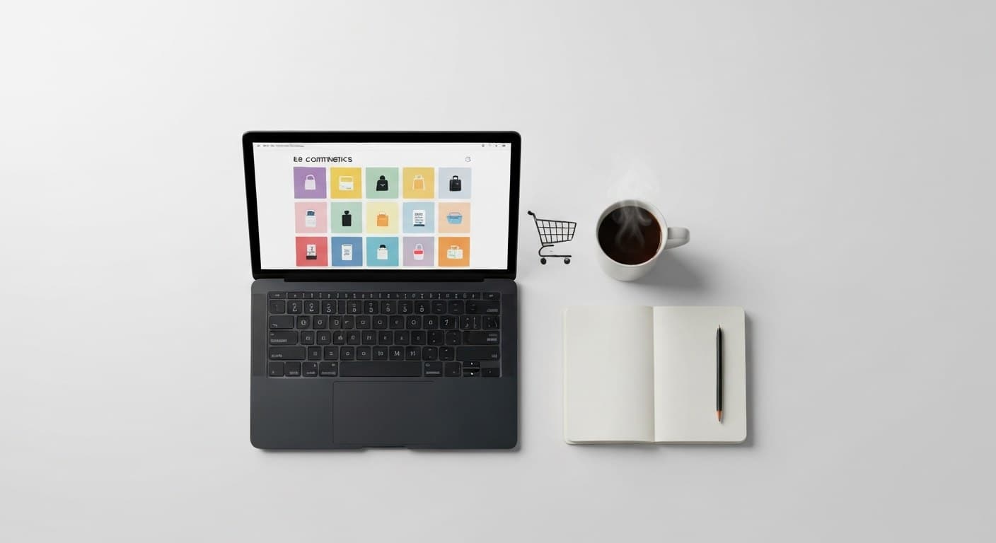 Laptop displaying an e-commerce product grid beside a shopping cart icon, coffee and notebook