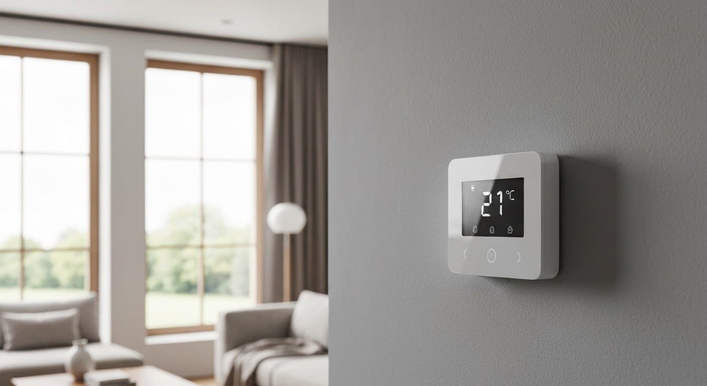 Modern smart thermostat displaying temperature on a living room wall