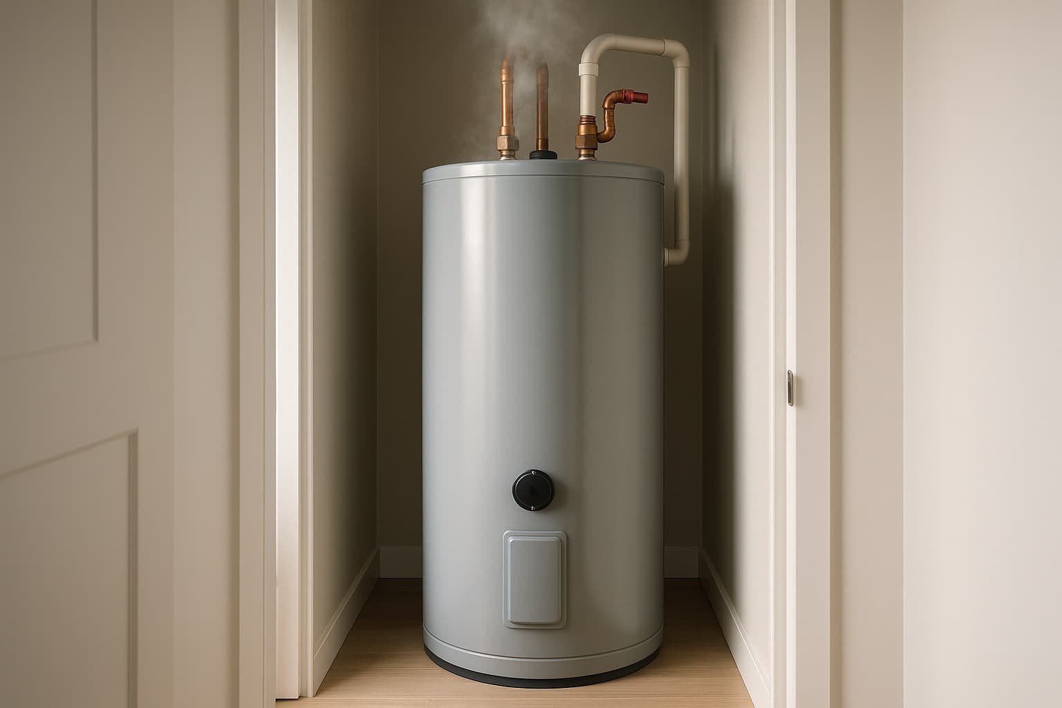 Residential tank water heater installed in a home utility closet