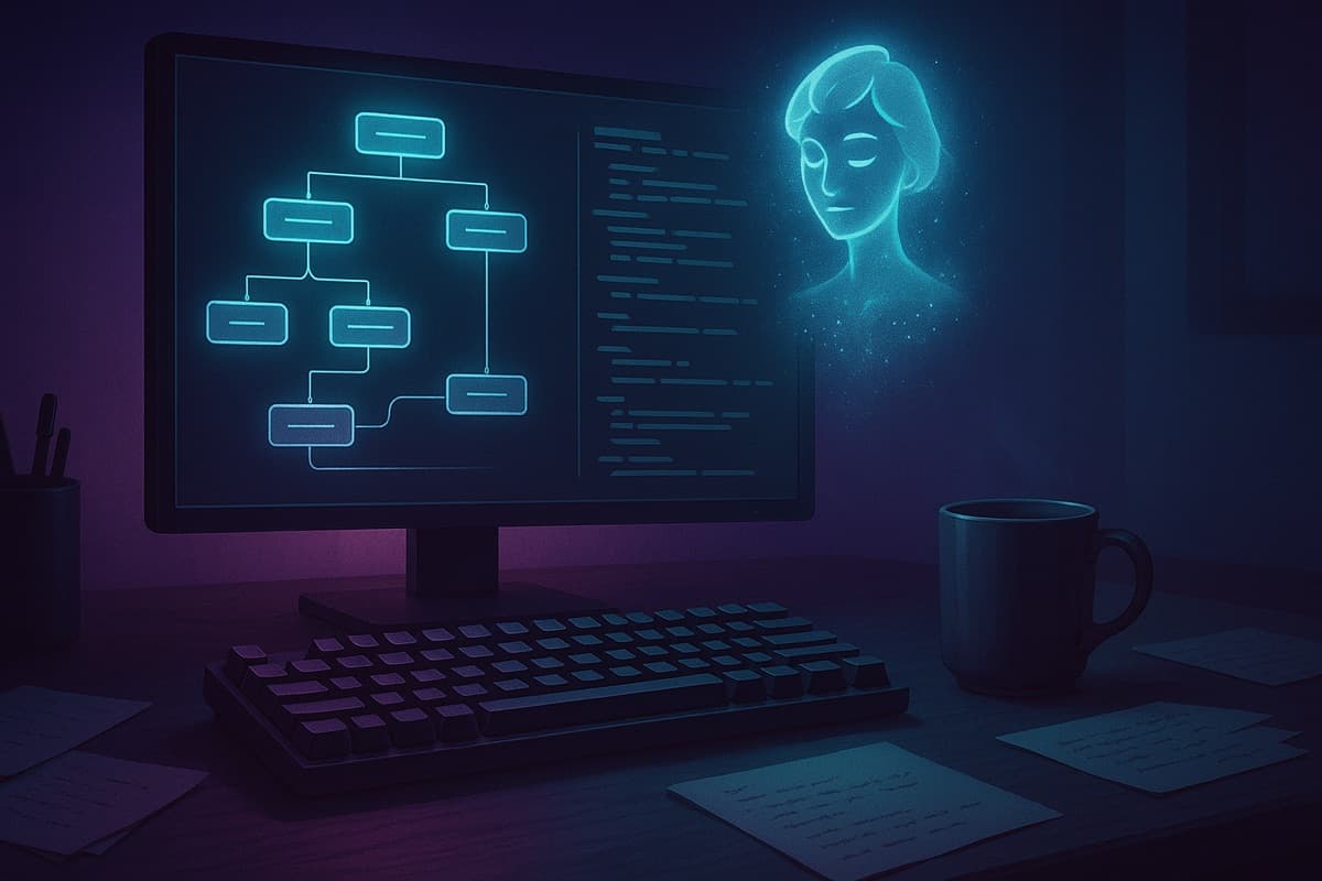 A game writer's desk at night with a branching dialogue tree and script on screen, illustrating AI tools for writers