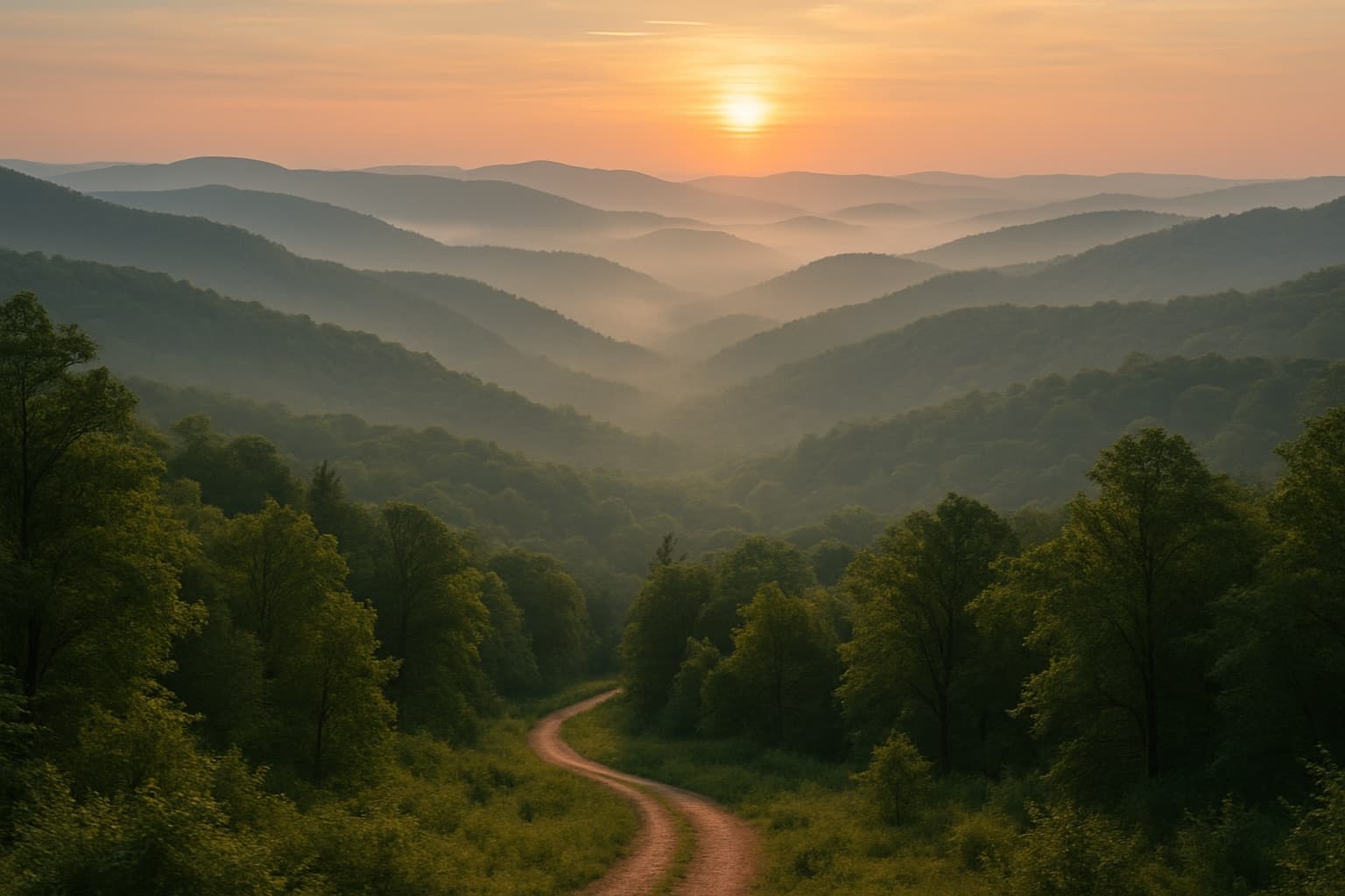 Misty West Virginia Appalachian mountains at sunrise with a winding path