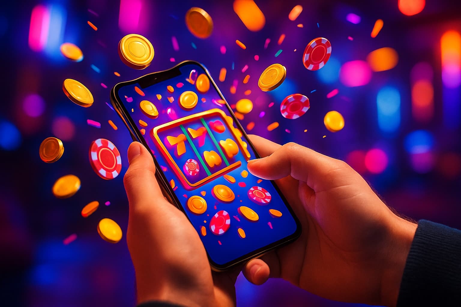 Smartphone showing a colorful social casino slot game with coins and chips