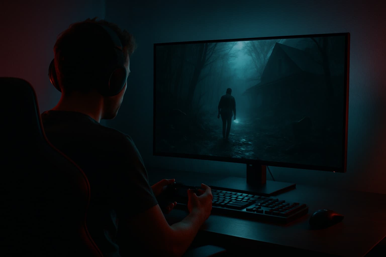 Gamer at a desk playing a dark survival horror video game on a glowing monitor