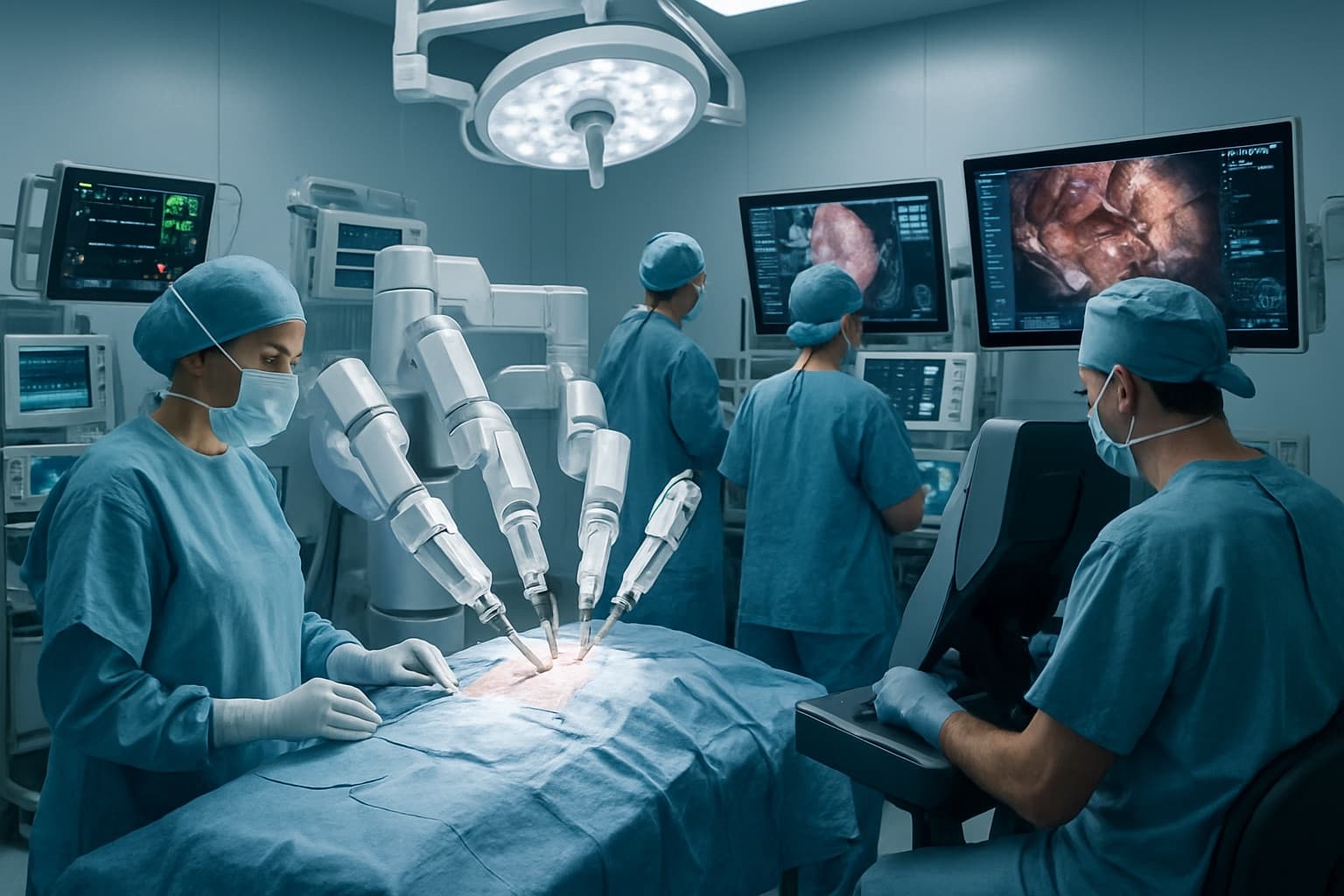 Surgical team using a robotic-assisted surgery system with imaging displays in a modern operating room