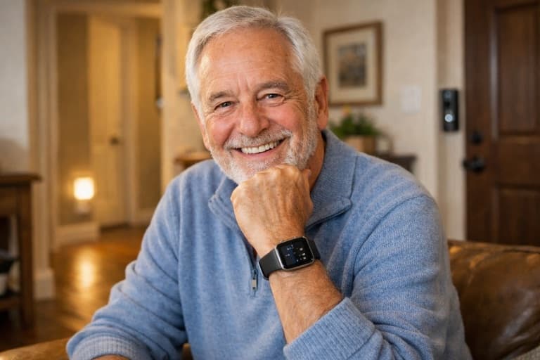 Smiling senior man at home wearing a medical alert smartwatch with a video doorbell nearby