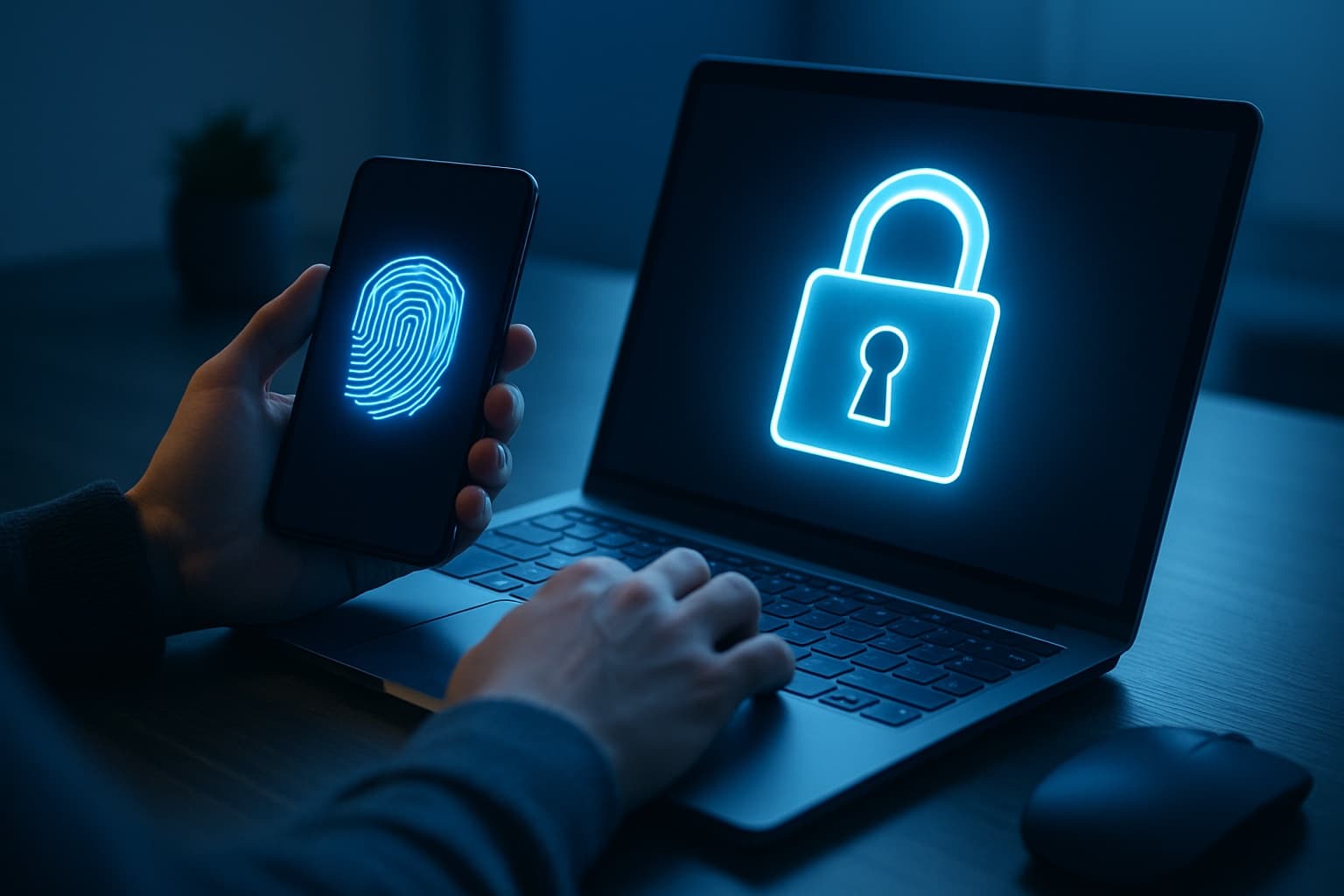 Person using a laptop with a glowing padlock and a smartphone showing a fingerprint, representing digital identity protection