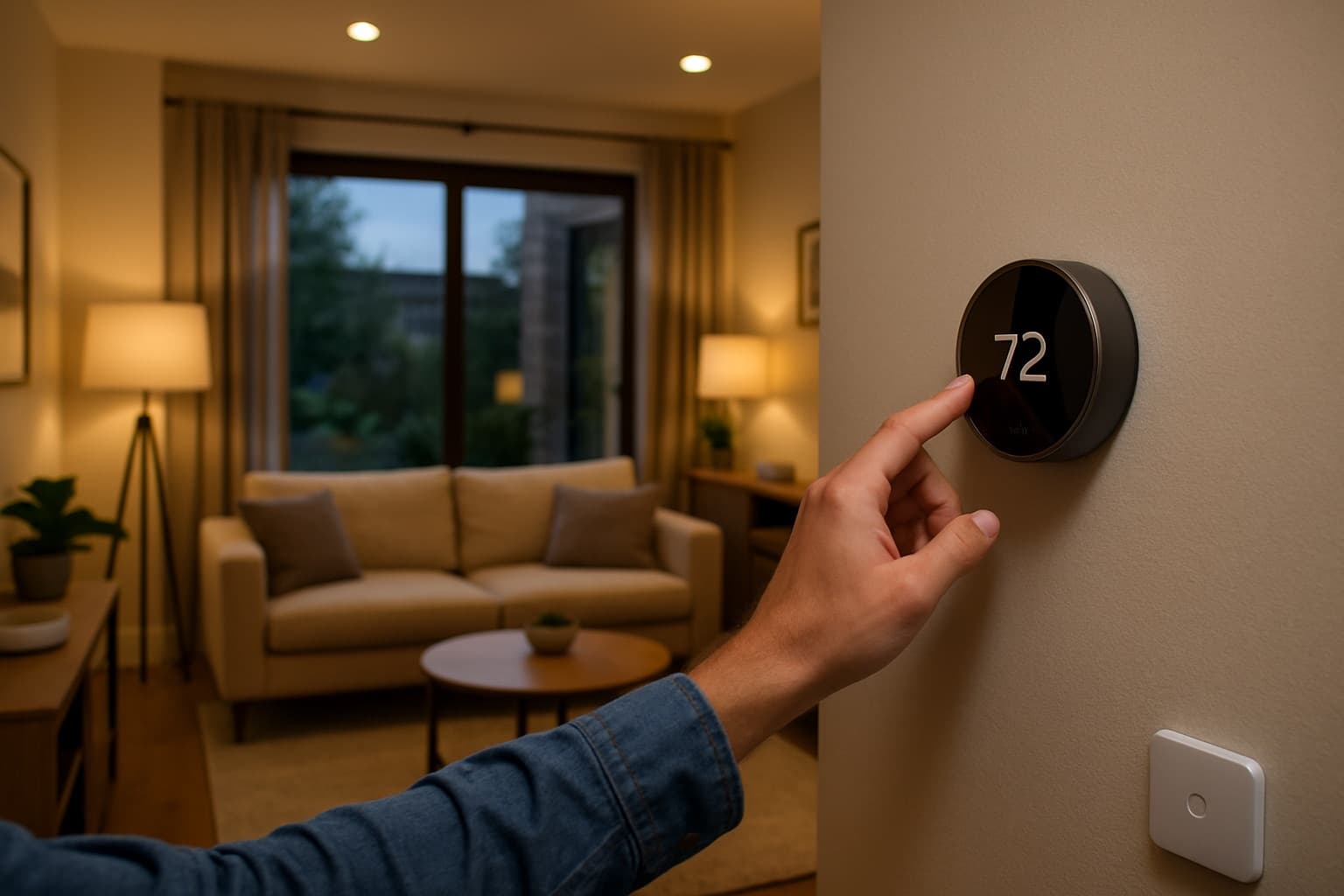 Person adjusting a smart thermostat in a cozy energy-efficient living room