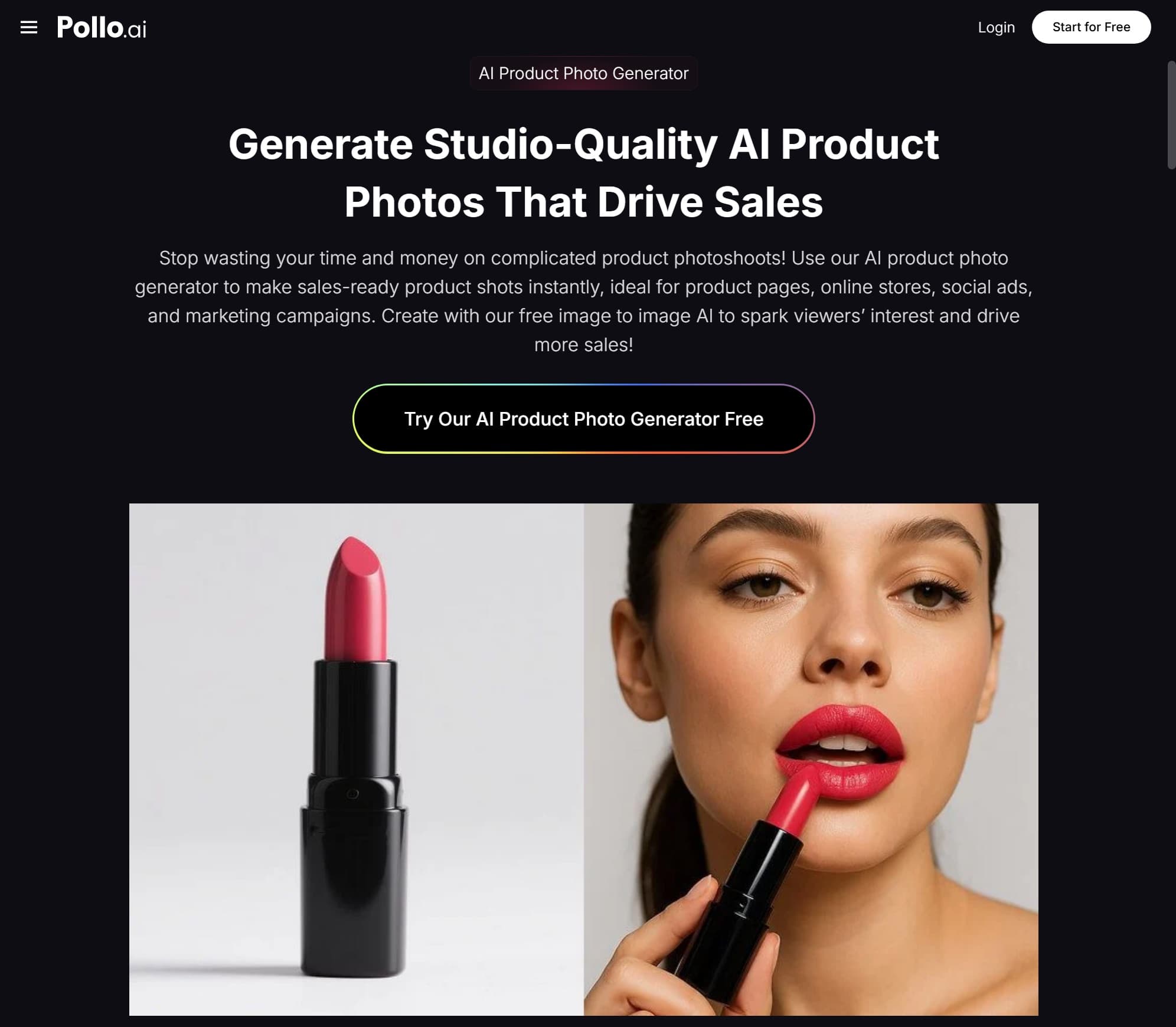 Pollo AI product photo generator landing page