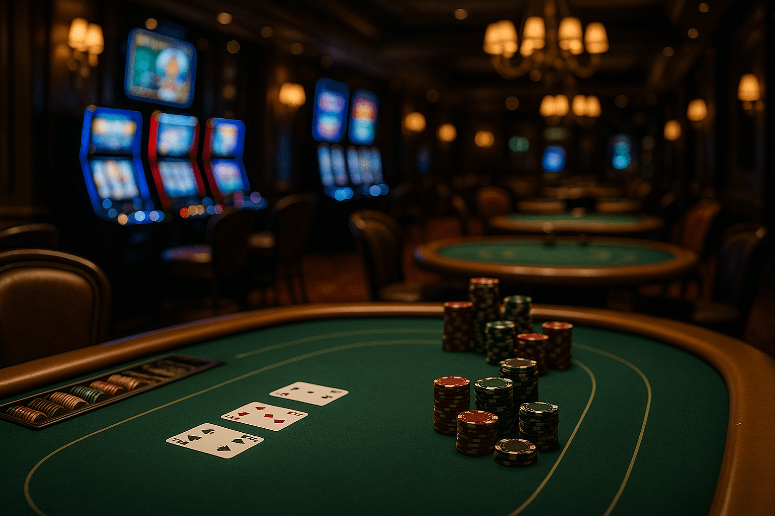 A green-felt casino table with cards and chips, with glowing digital game screens in the background
