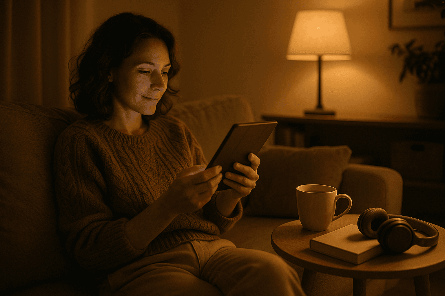 A person relaxing on a sofa with a tablet and a cup of tea in warm lamplight