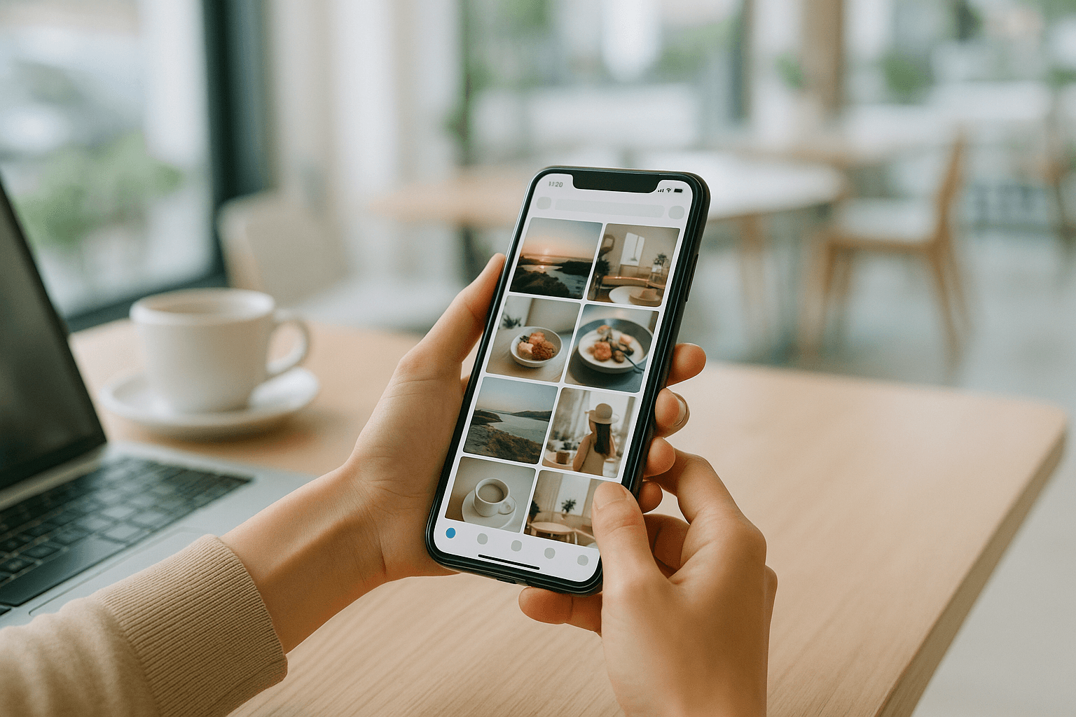 A person holding a smartphone showing a grid of social media photos in a bright cafe