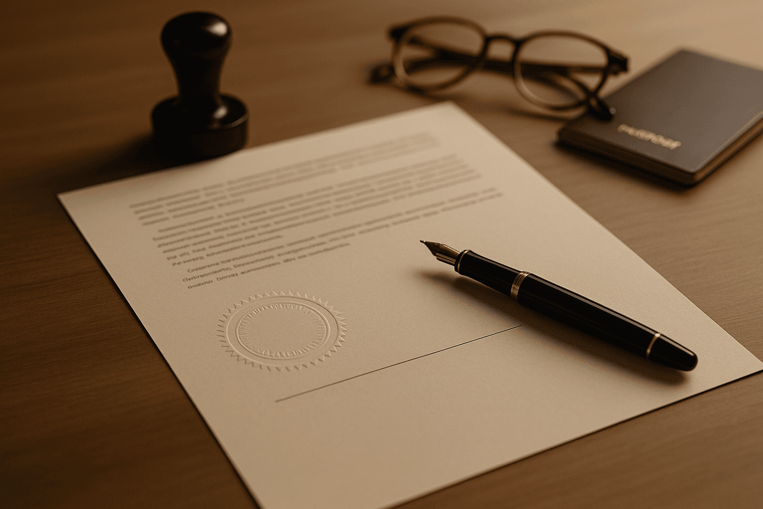 An official legal document with an embossed seal and signature line beside a fountain pen, notary stamp and passport