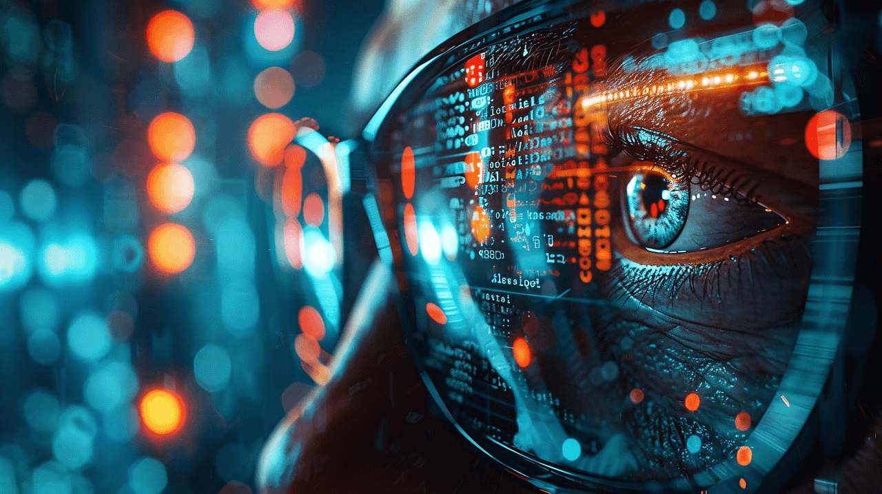 A close-up of an eye behind glasses reflecting streams of colorful code and data