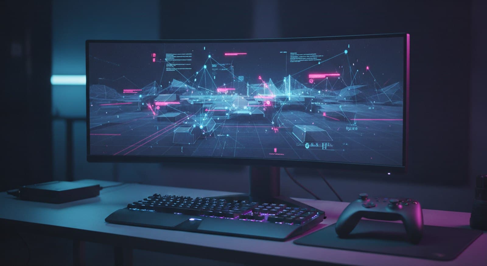 Gaming setup with an AI neural network data overlay on an ultrawide monitor
