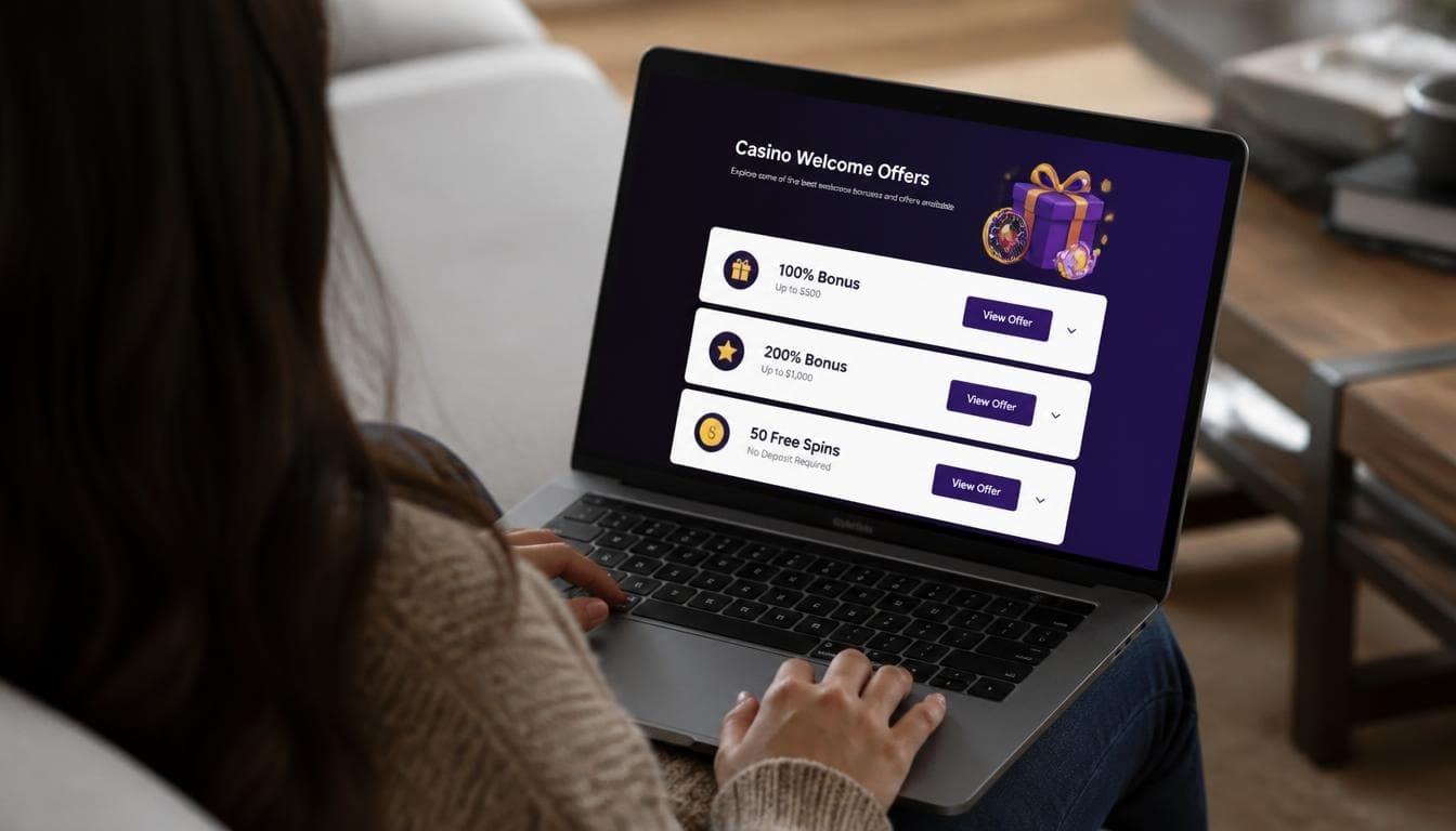 Person comparing casino welcome bonus offers on a laptop screen