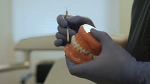 Dental professional cleaning a denture model