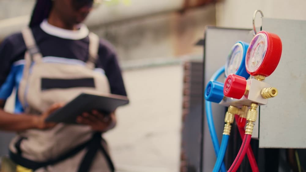 HVAC technician checking refrigerant gauges on an outdoor AC unit