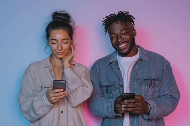 Couple smiling at their phones while using a dating app
