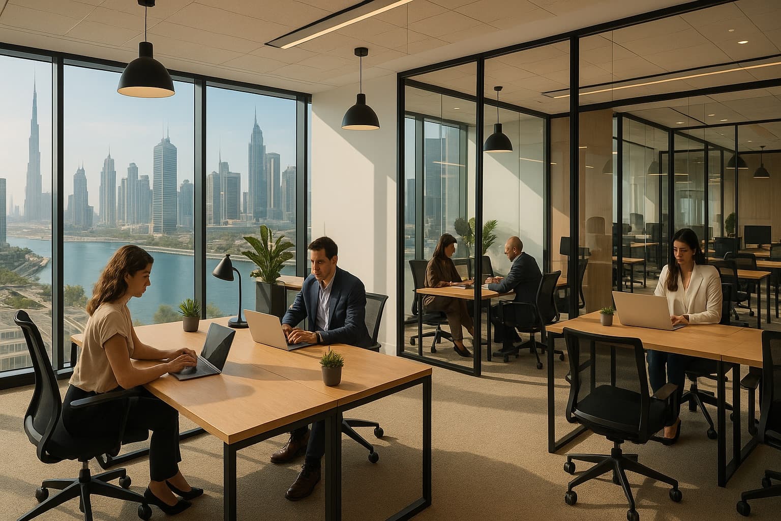 Professionals working in a modern Dubai coworking space with a skyline view