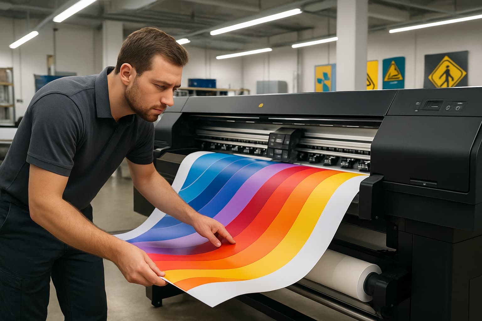 Worker inspecting a colorful banner coming out of a large-format wide printer in a print shop