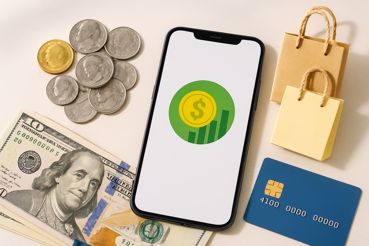 Smartphone showing a cashback rewards icon beside coins, cash, a credit card and shopping bags