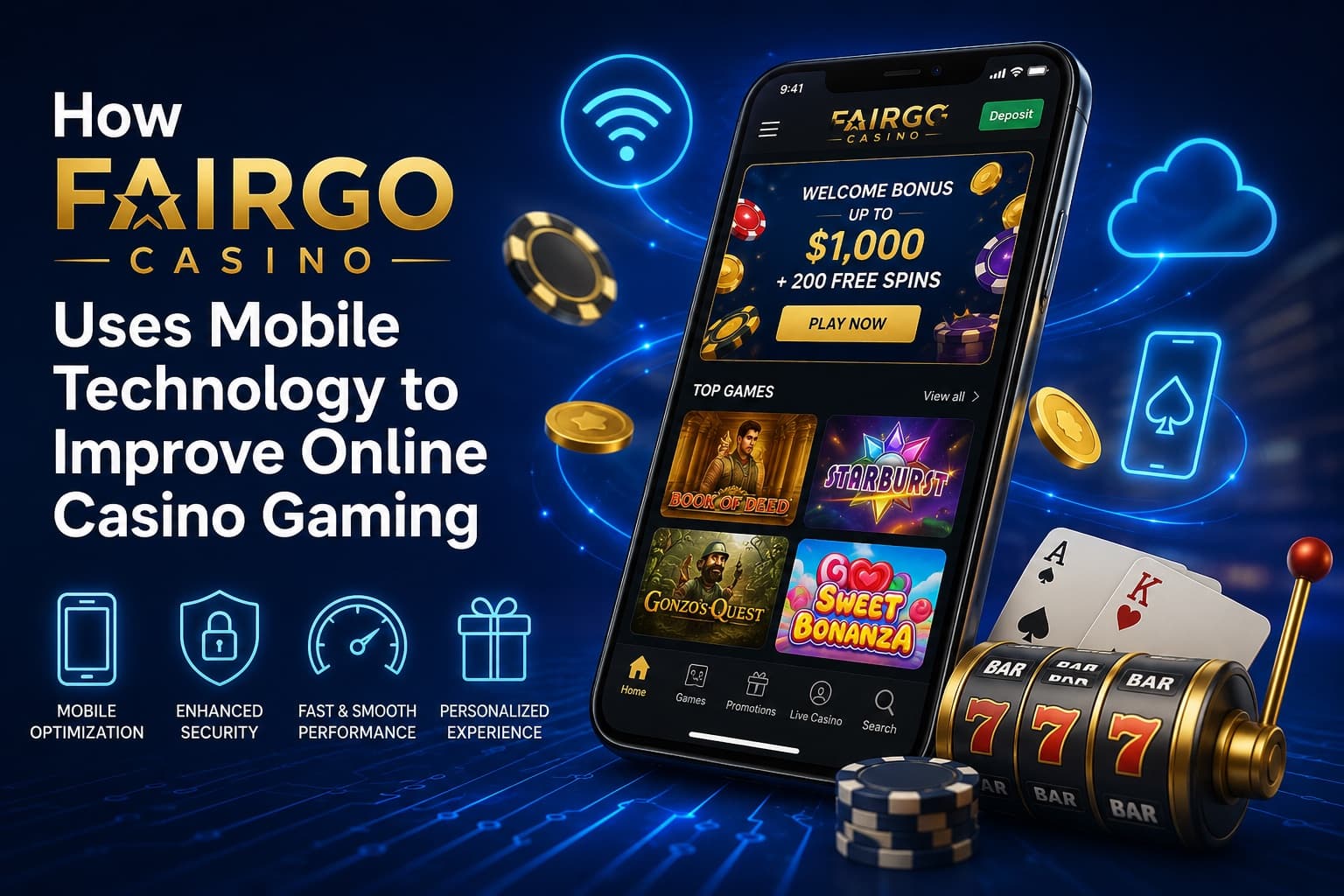 Fairgo Casino mobile app shown on a smartphone with slots, chips and cards