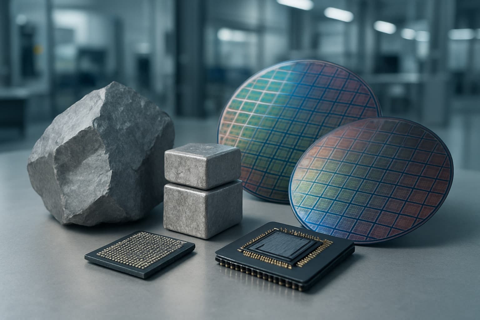 Titanium ingots, raw minerals, silicon wafers and microchips on an industrial surface