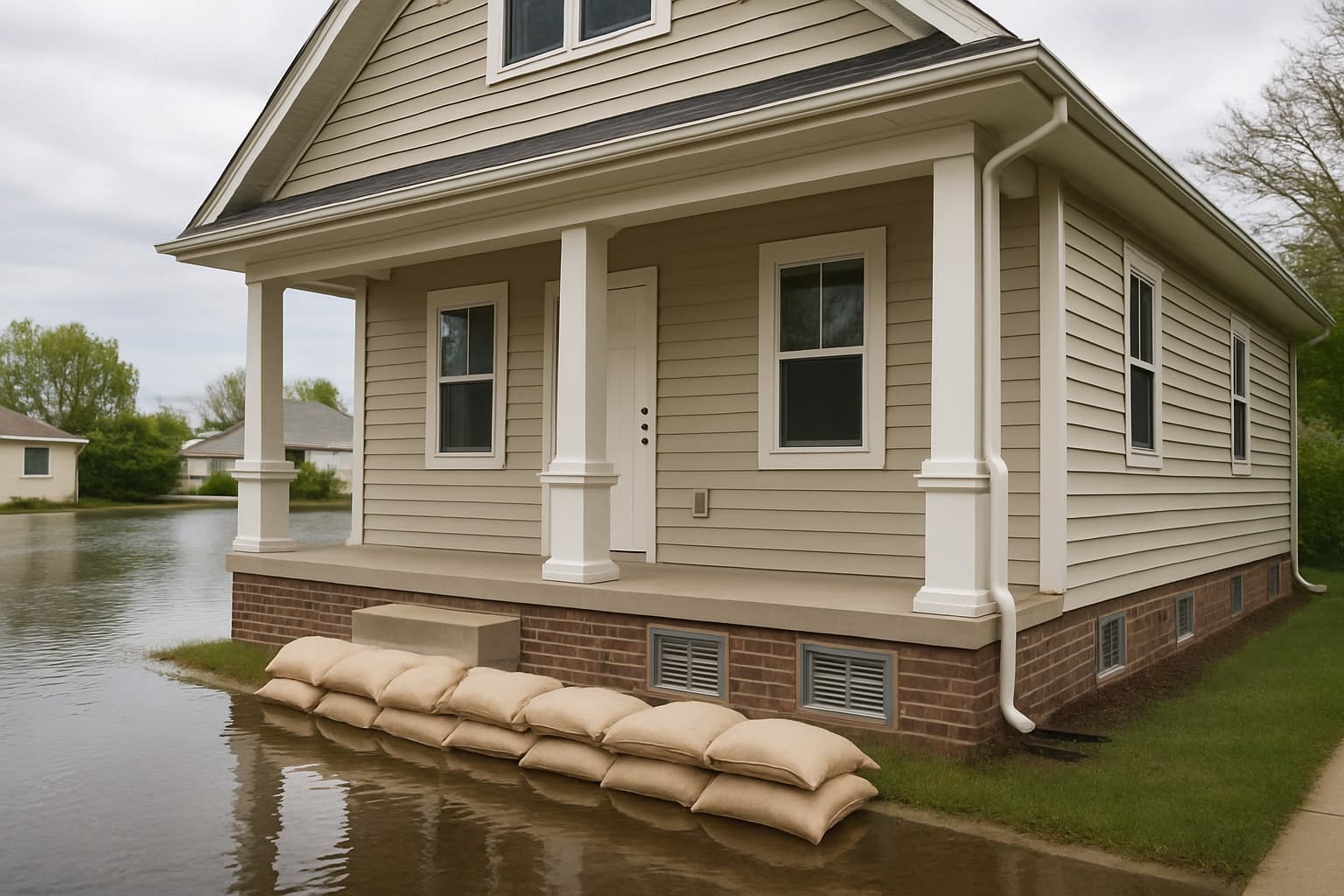Residential home with flood vents and sandbag barriers against rising floodwater
