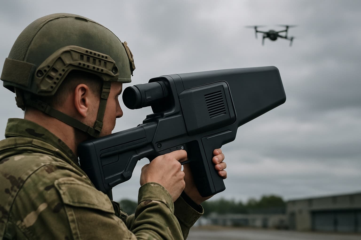 Soldier aiming a handheld counter-UAS drone-detection device at a drone in the sky