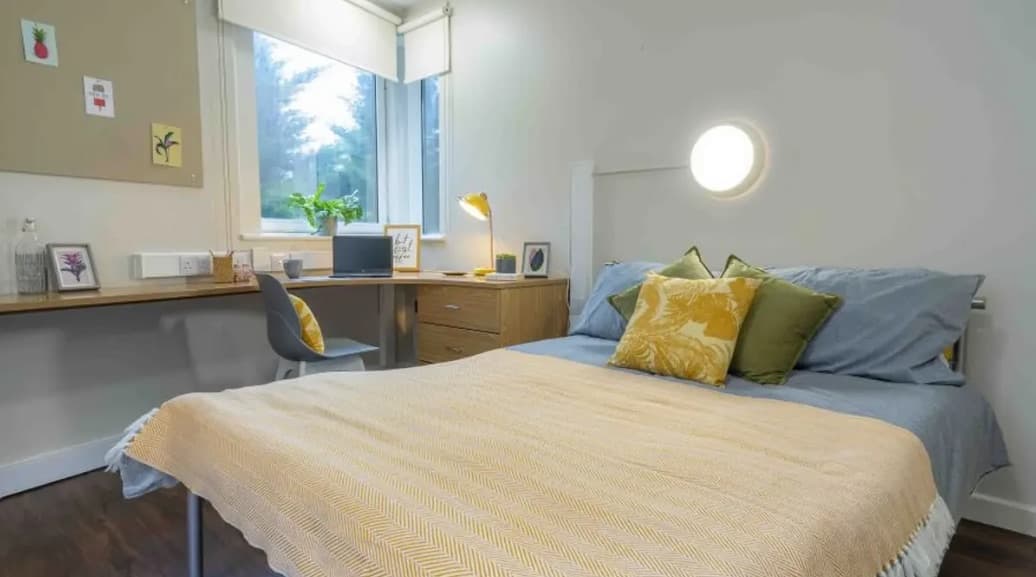 Modern furnished student accommodation bedroom in London with a desk and bed