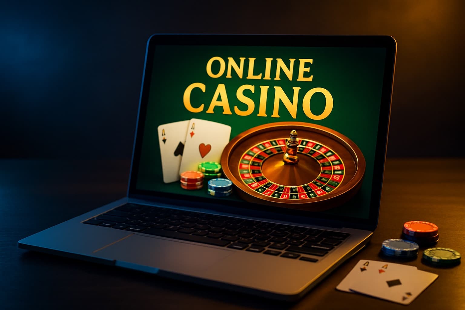 Laptop showing an online casino with a roulette wheel, cards and chips