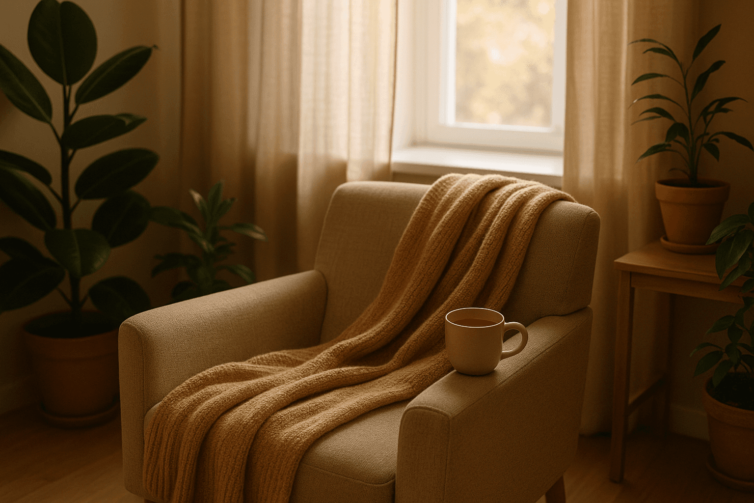 A cozy armchair with a warm blanket and a cup of tea by a sunlit window