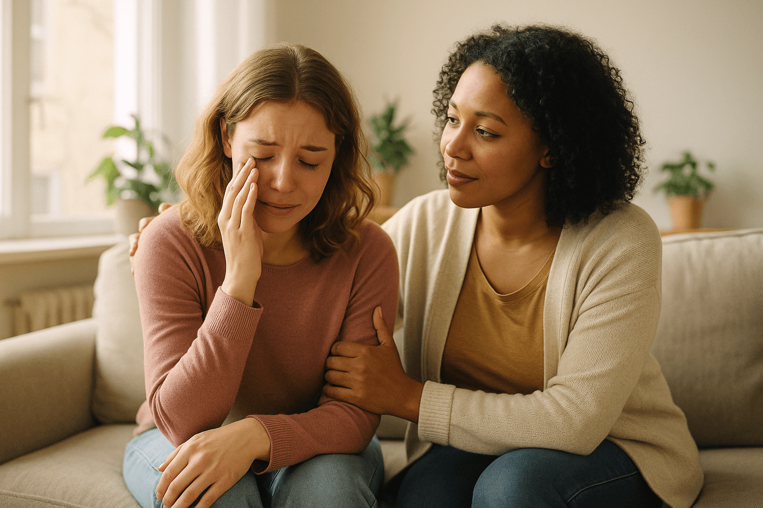 One woman comforting another with a supportive hand on her arm on a sofa