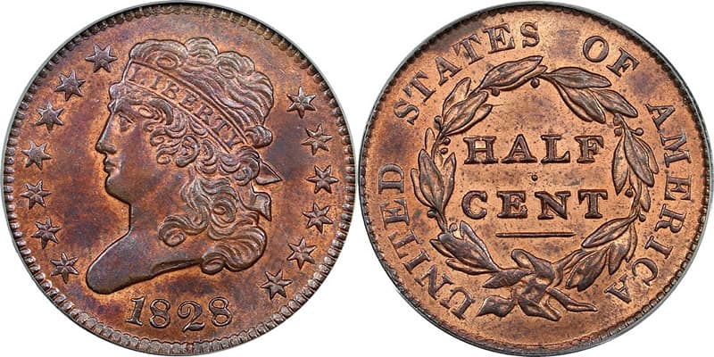 Obverse and reverse of an 1828 United States half cent copper coin
