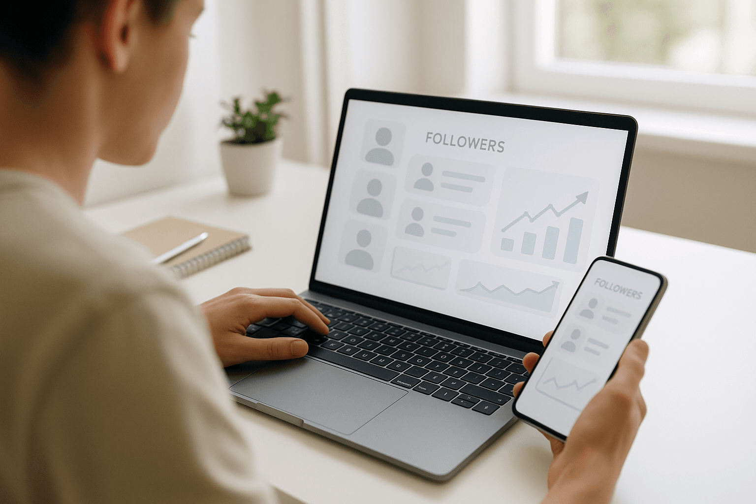 A person reviewing follower analytics and growth charts on a laptop and smartphone