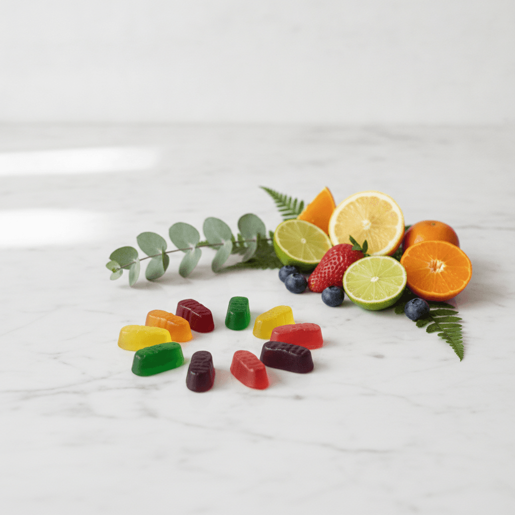 Colorful fruit gummies arranged on a marble surface with fresh fruit and botanical leaves