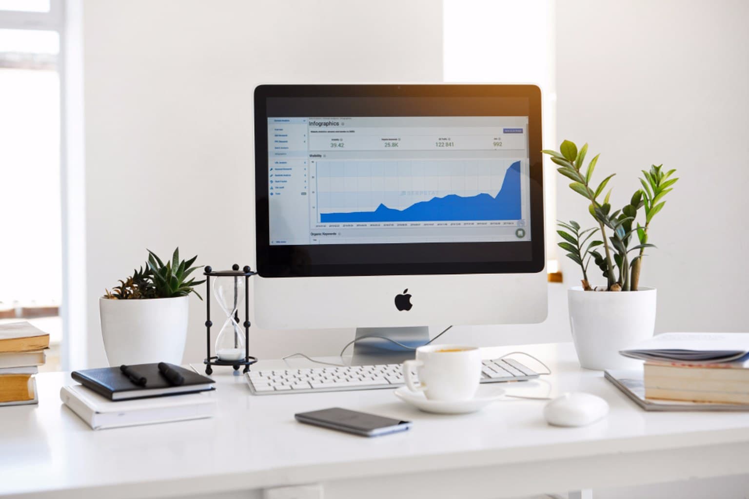 Desk with a computer displaying a website visibility and organic traffic dashboard