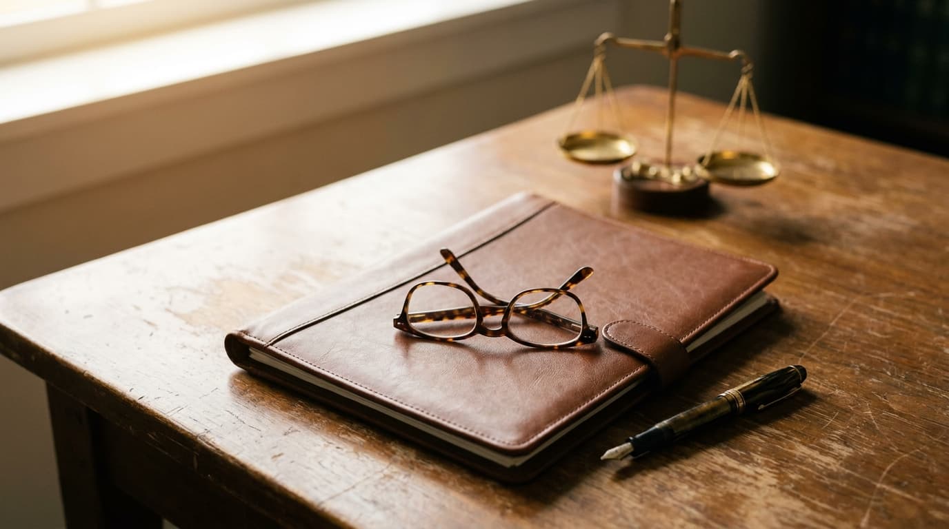 Attorney desk with document folder, glasses and scales of justice